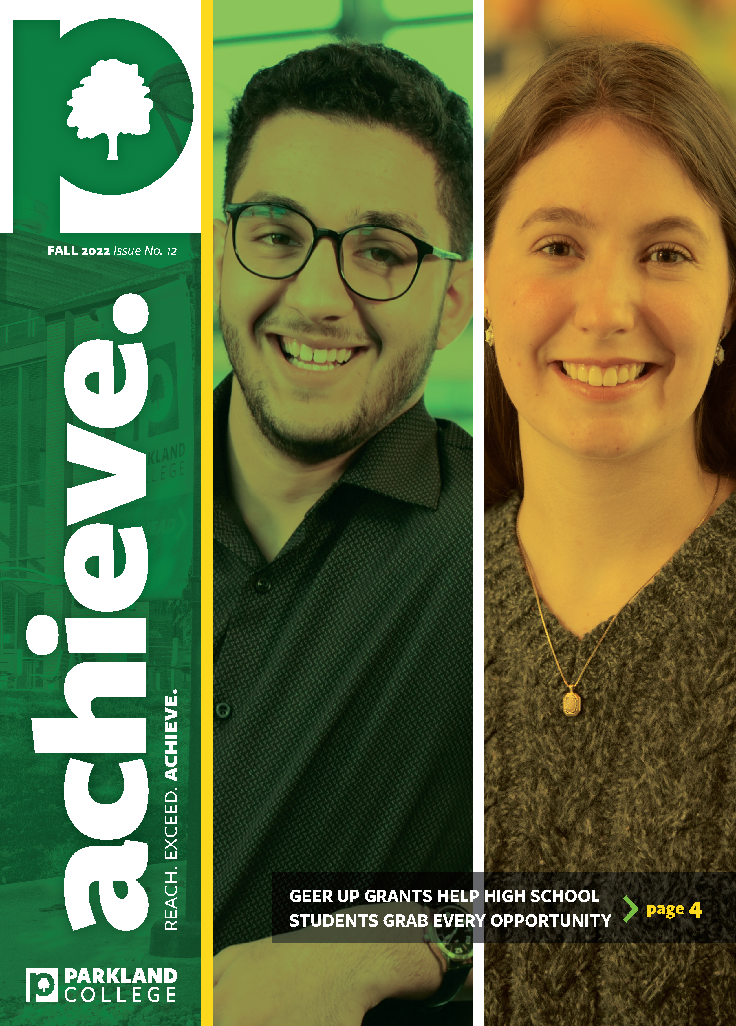 Cover of Fall 2022 mailer with side by side student faces in green and gold