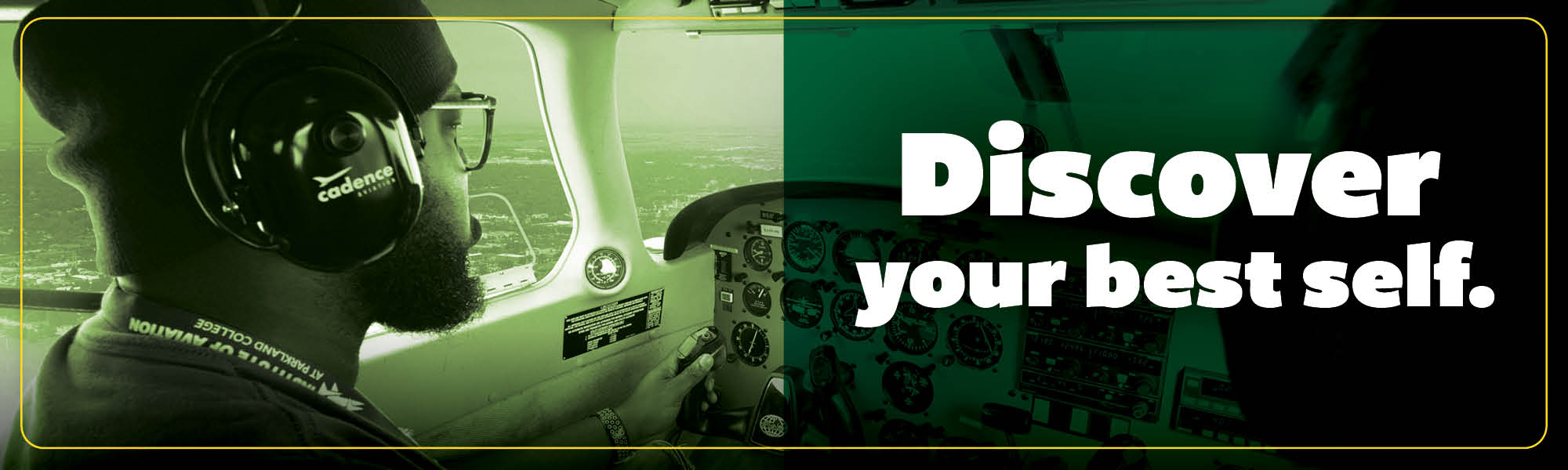 African american flight student piloting a plane withe the text discover your very best self