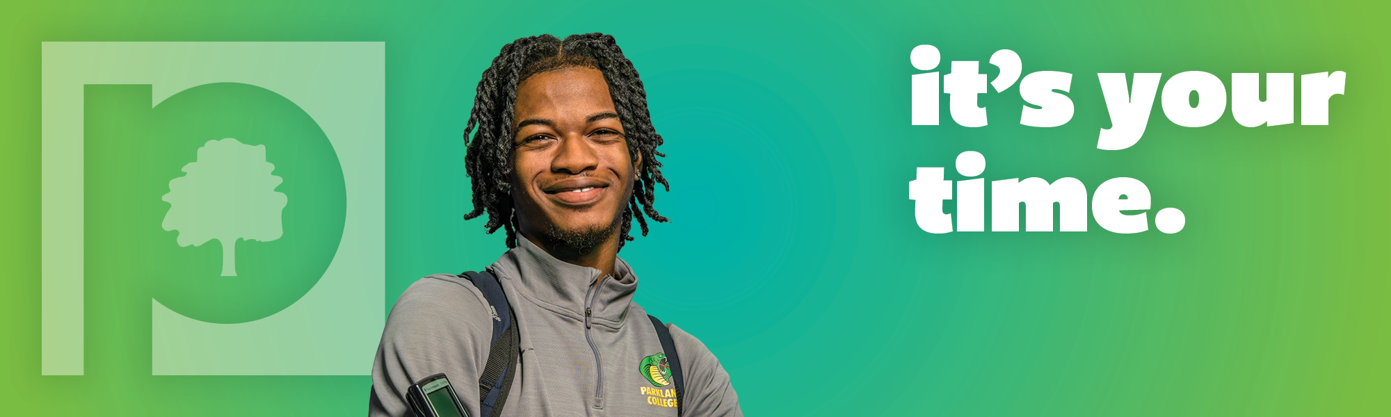 Smiling black student on blue green background with text Its Your Time