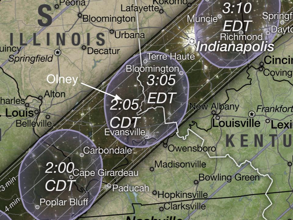 path of totality through southern Illinois with Olney marked