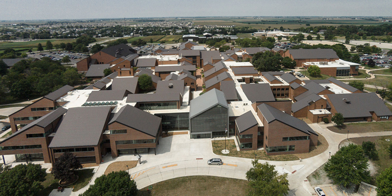 drone shot of campus