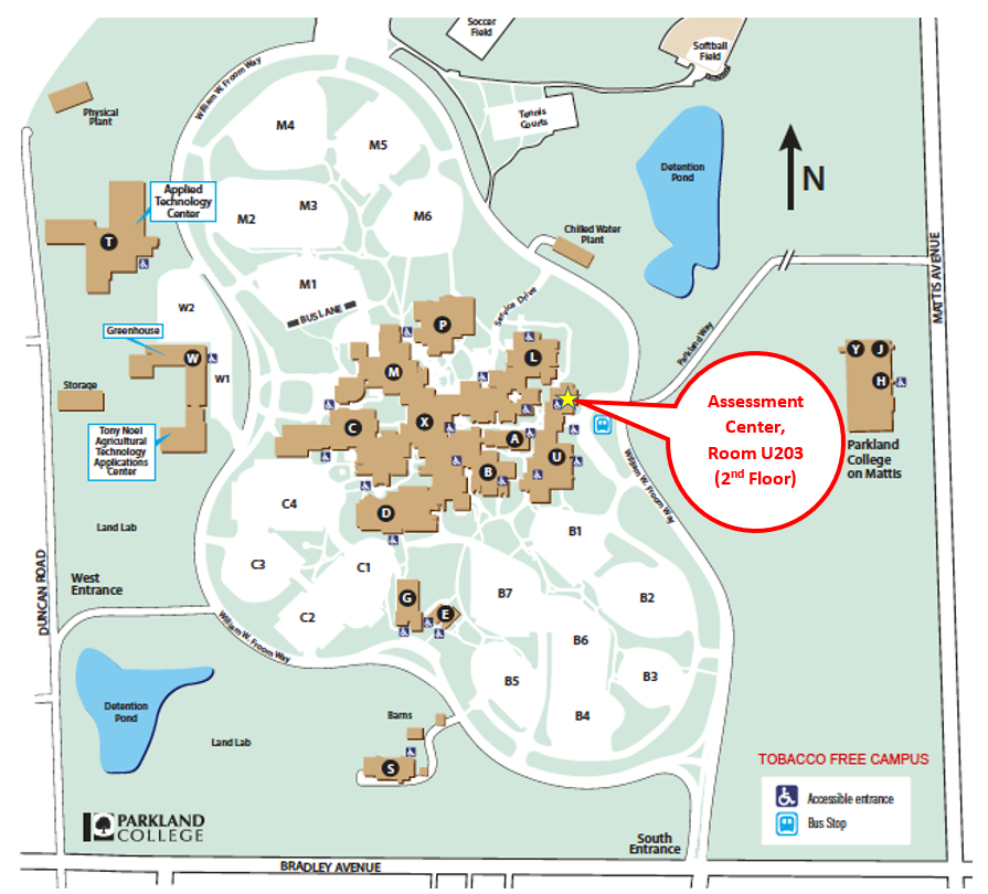 Campus map with Assessment center marked at Room U203 2nd floor in student union