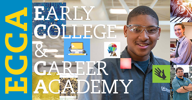 Young man in goggles with text Early College and Career Academy