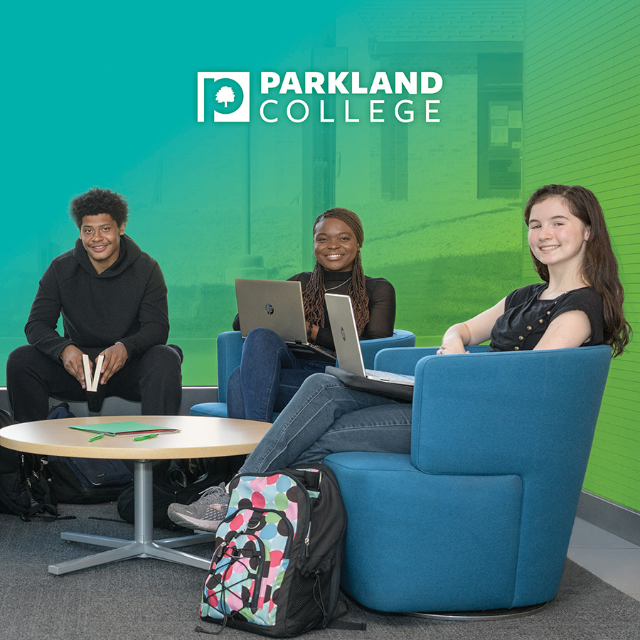 Cover of Parkland College Viewbook - 3 smiling students on a green gradient with the Parkland logo